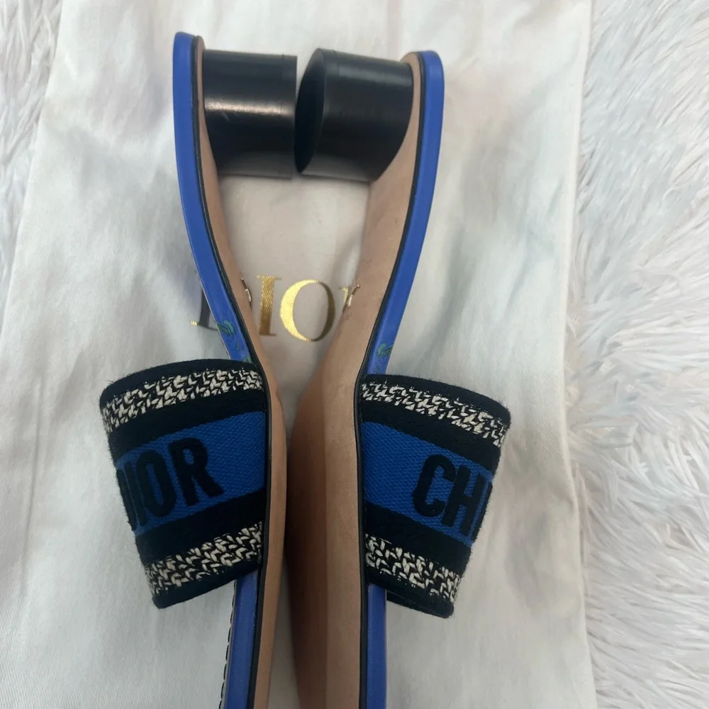 Dior Dway Heeled Slide Blue & Black Embroidered Cotton - Picture 10 of 12